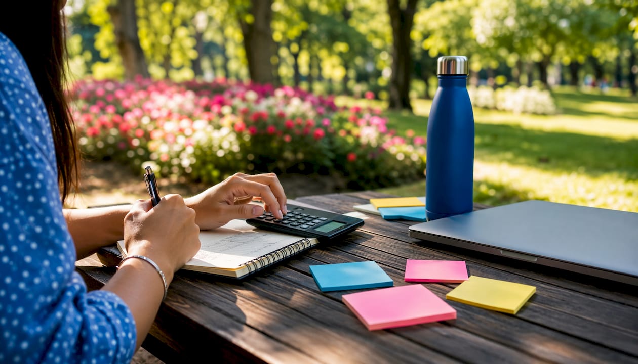 Hands calculating subscription prices on desk
