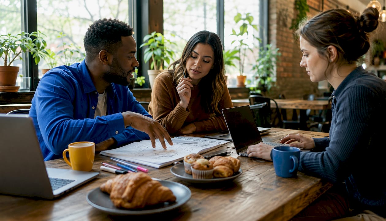 Diverse team discussing social media marketing strategy