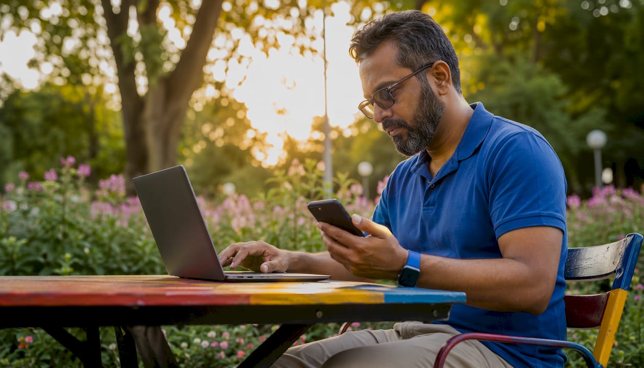 Man managing paid social media ads outdoors