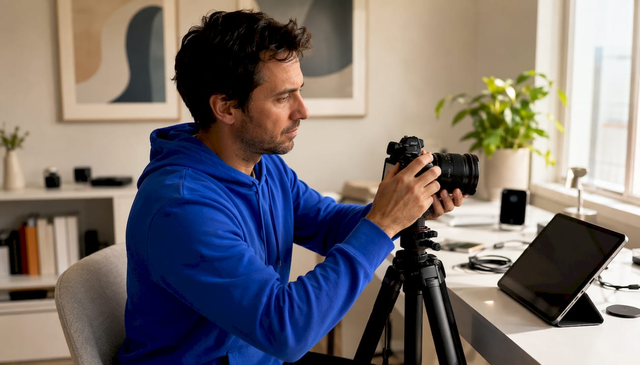 Subscription creator prepping camera equipment indoors