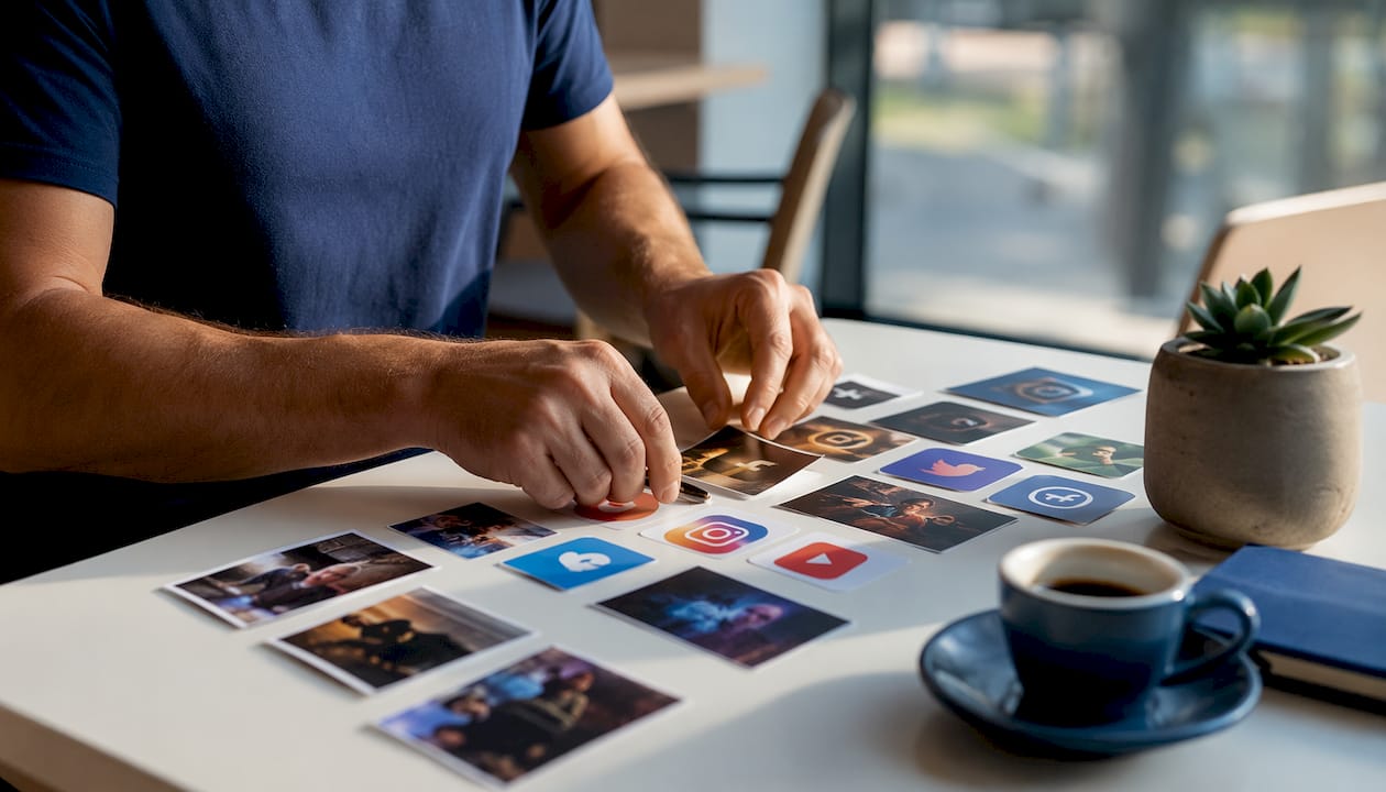 Hands organizing video publishing strategy icons on table