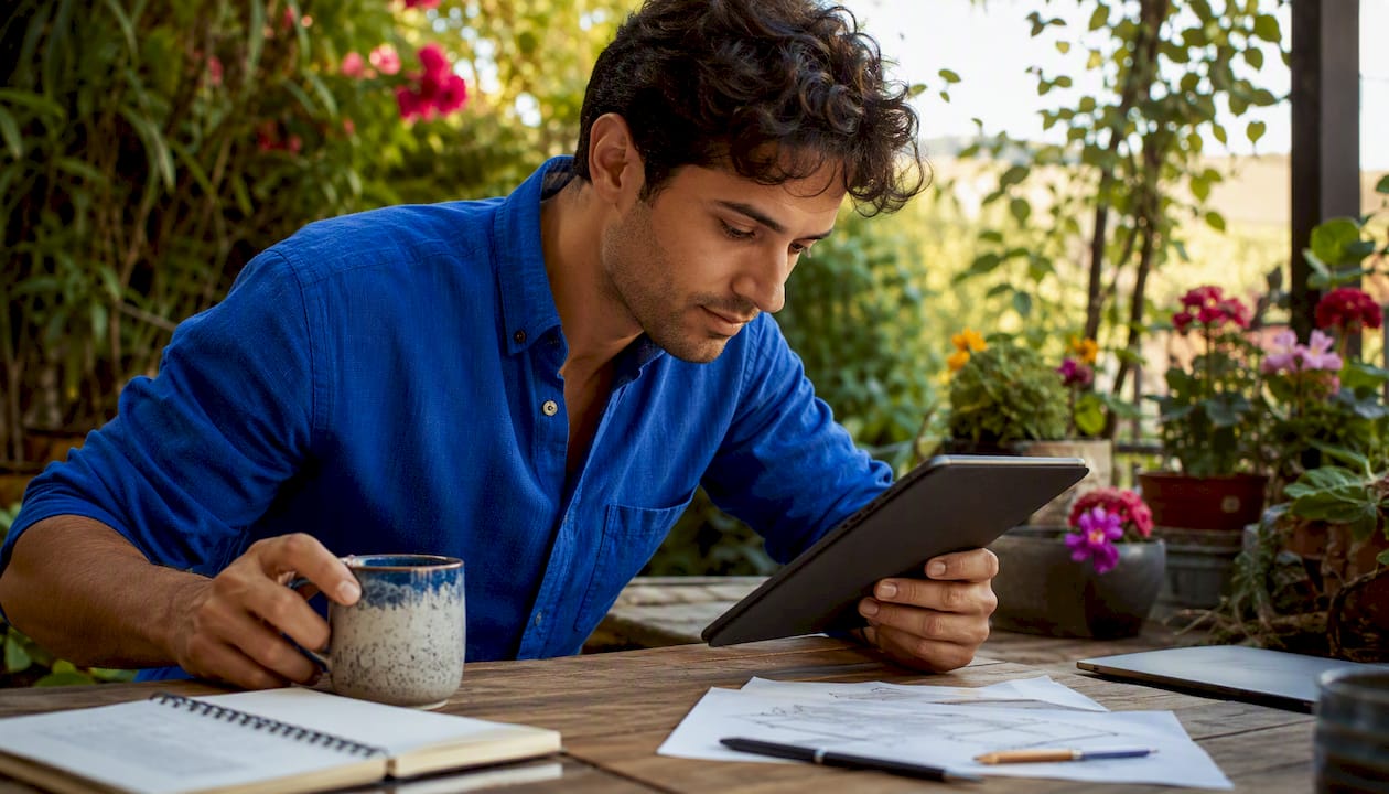 Man planning blog monetization in coworking space