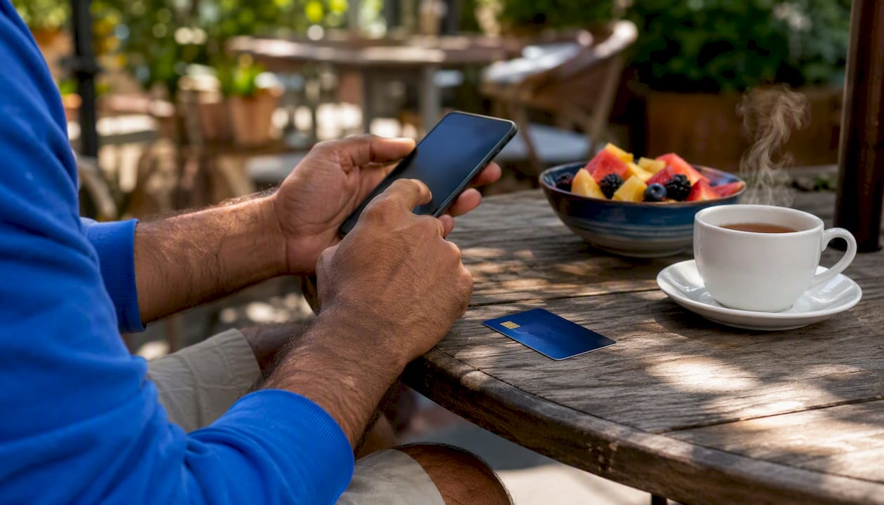 Hands swiping smartphone at café table with credit card