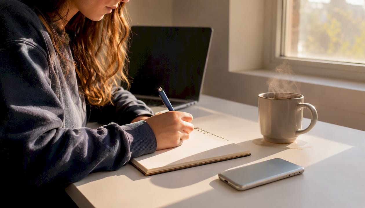 Hands outlining content script in notebook
