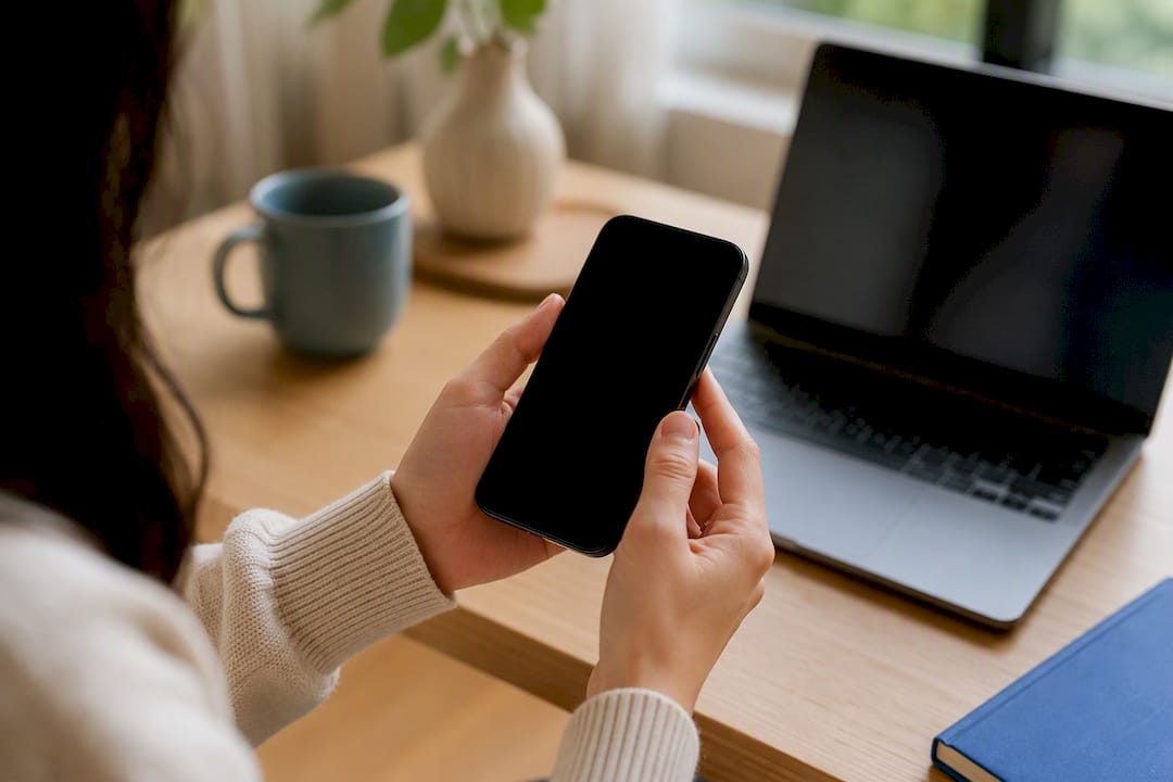 Hands holding phone preparing paid content label