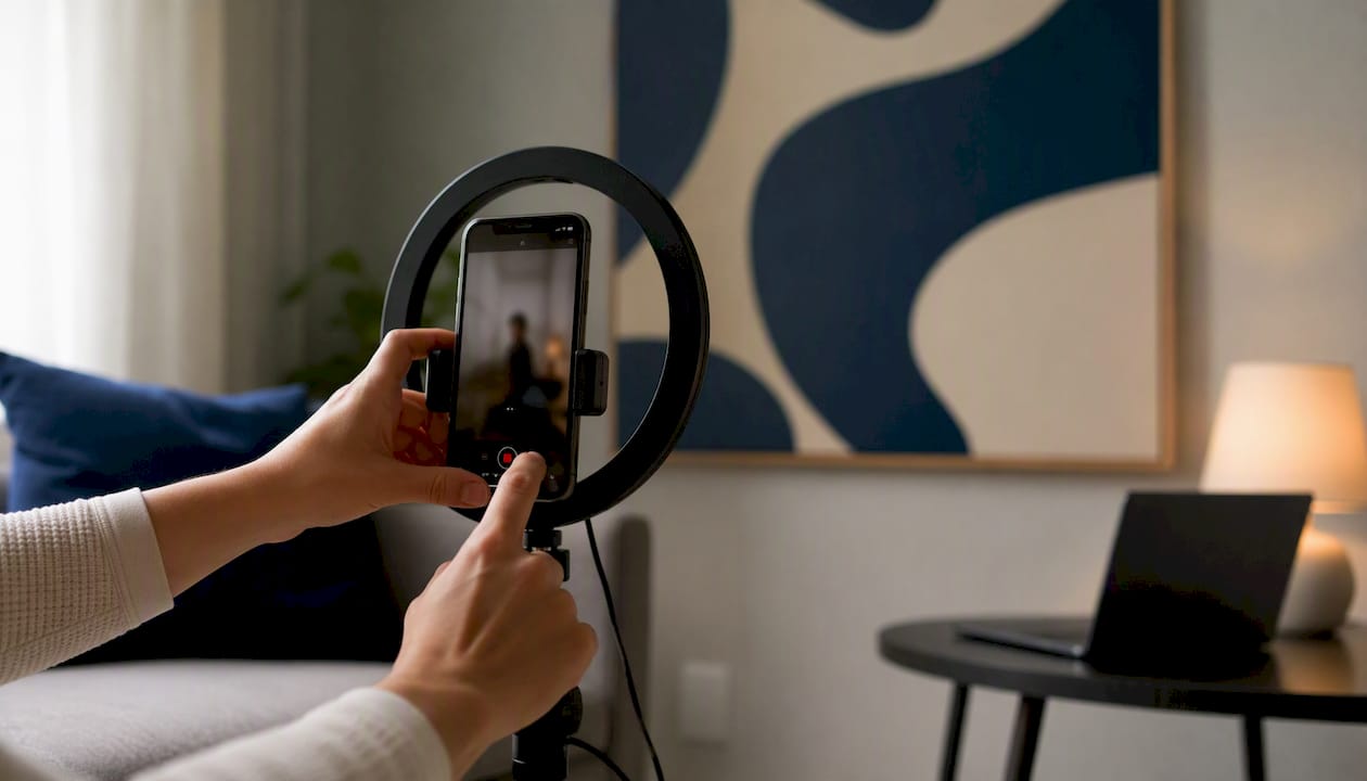 Hands recording teaser video on smartphone