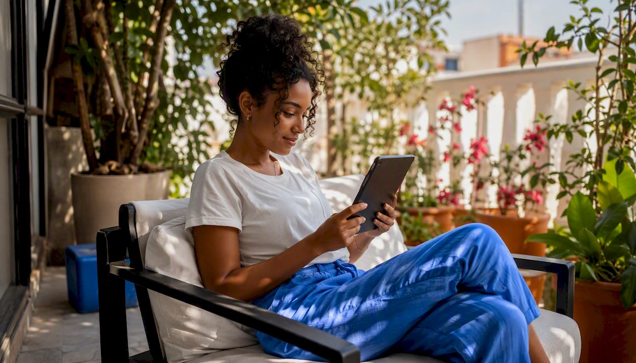Woman engaging with social media on tablet outdoors
