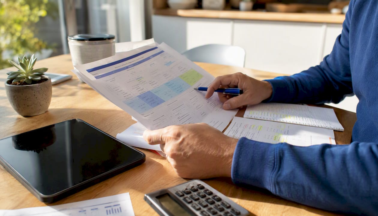 Hands reviewing payout split comparison papers