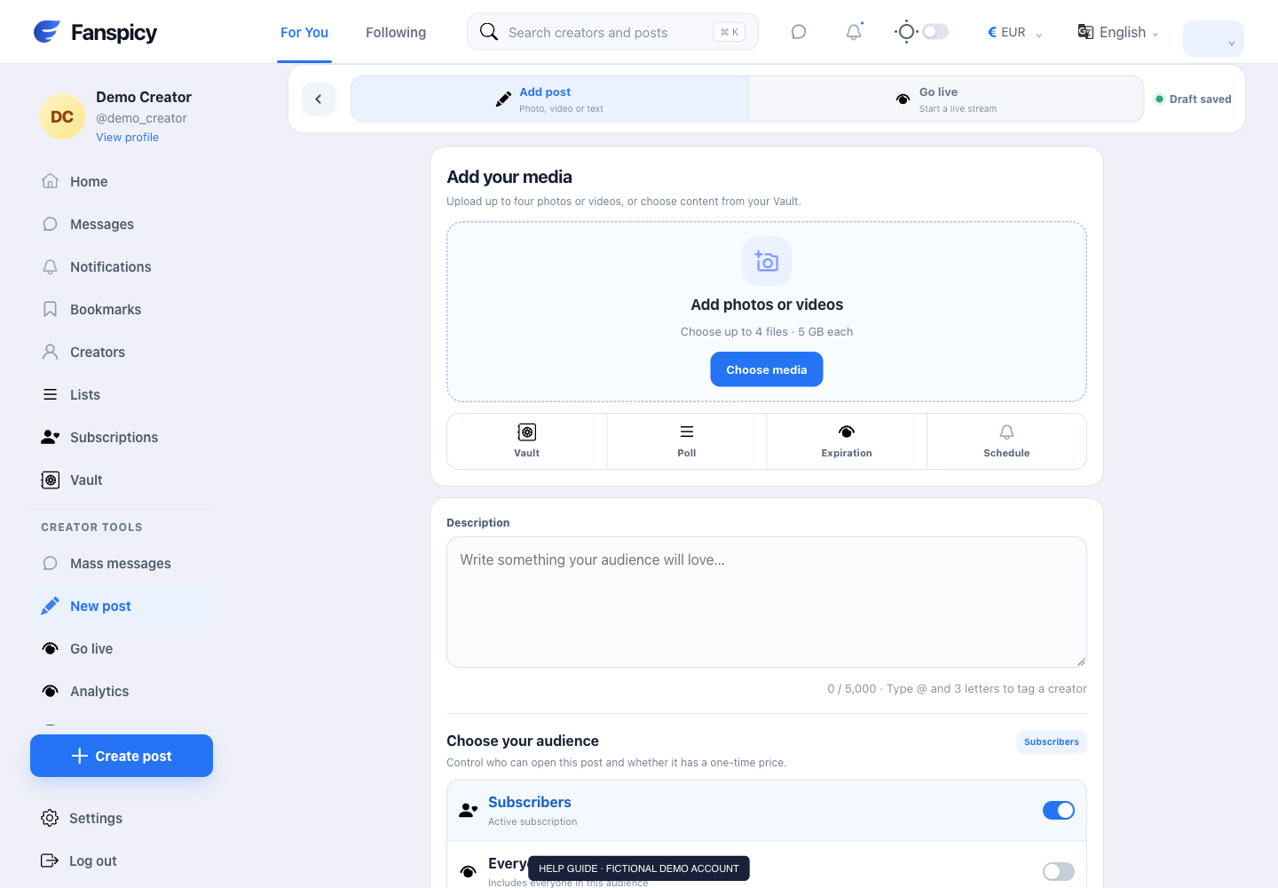 Create free, subscriber and paid posts — real Fanspicy screen with fictional demo data