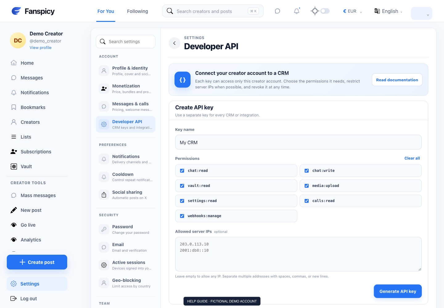 Create, secure and revoke a Creator API key — real Fanspicy screen with fictional demo data