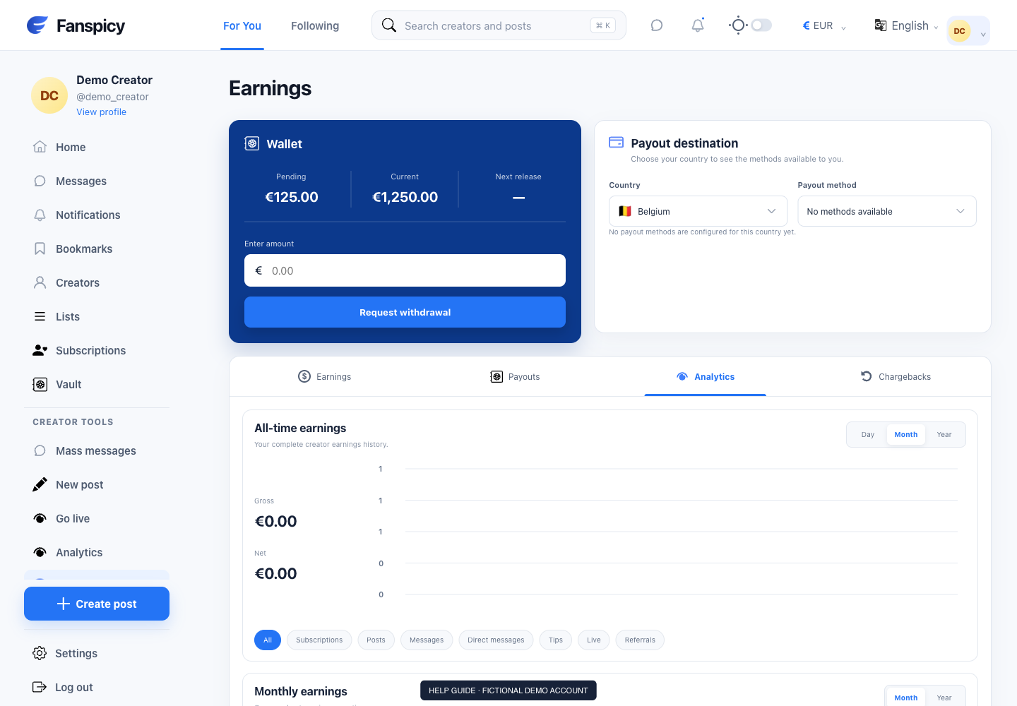 Understand refunds, disputes and chargebacks — real Fanspicy screen with fictional demo data