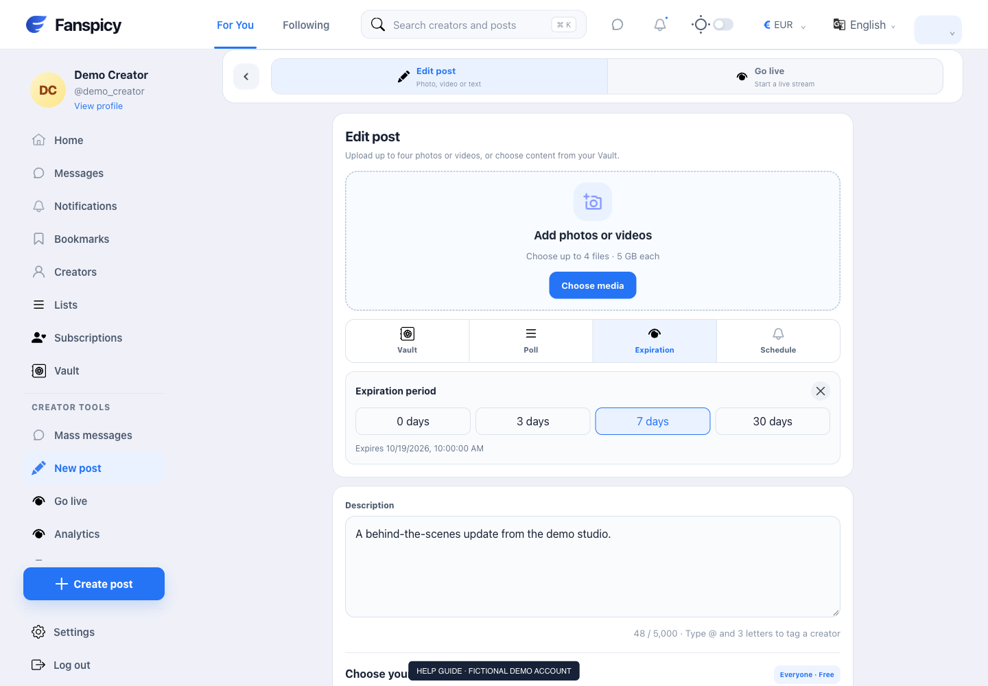 Edit or remove an existing post — real Fanspicy screen with fictional demo data