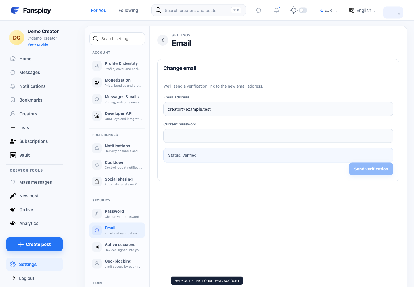 Change and verify your email address — real Fanspicy screen with fictional demo data