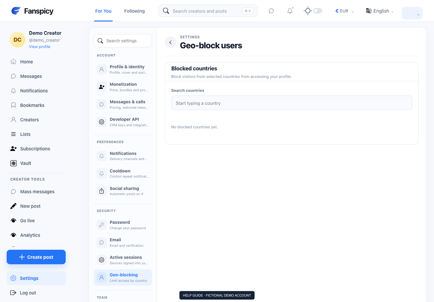 Manage access by country — real Fanspicy screen with fictional demo data