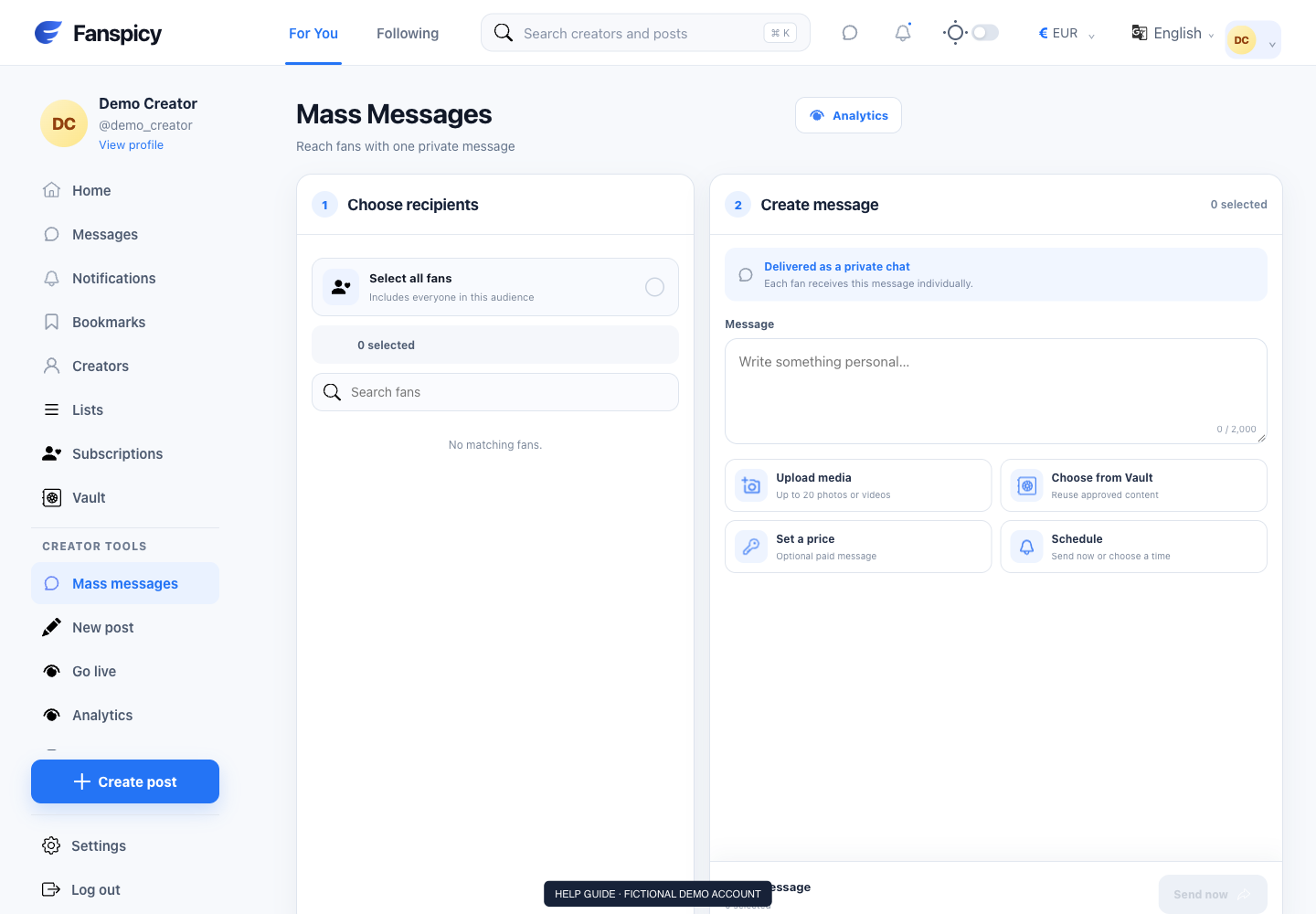 Create and review mass-message campaigns — real Fanspicy screen with fictional demo data