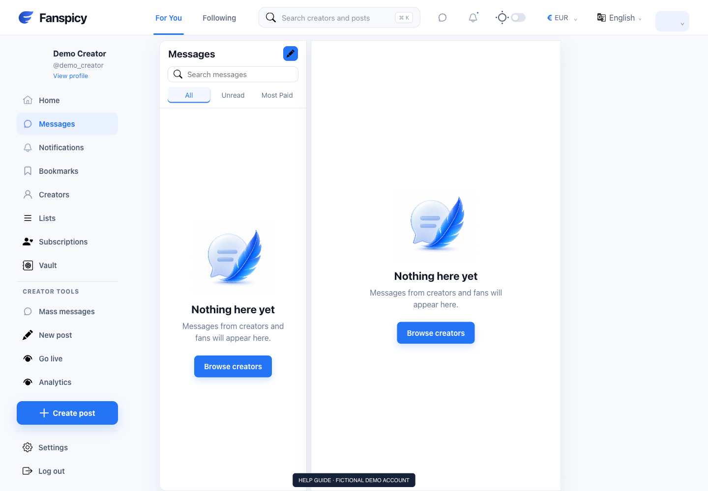 Send DMs, paid content and tips — real Fanspicy screen with fictional demo data