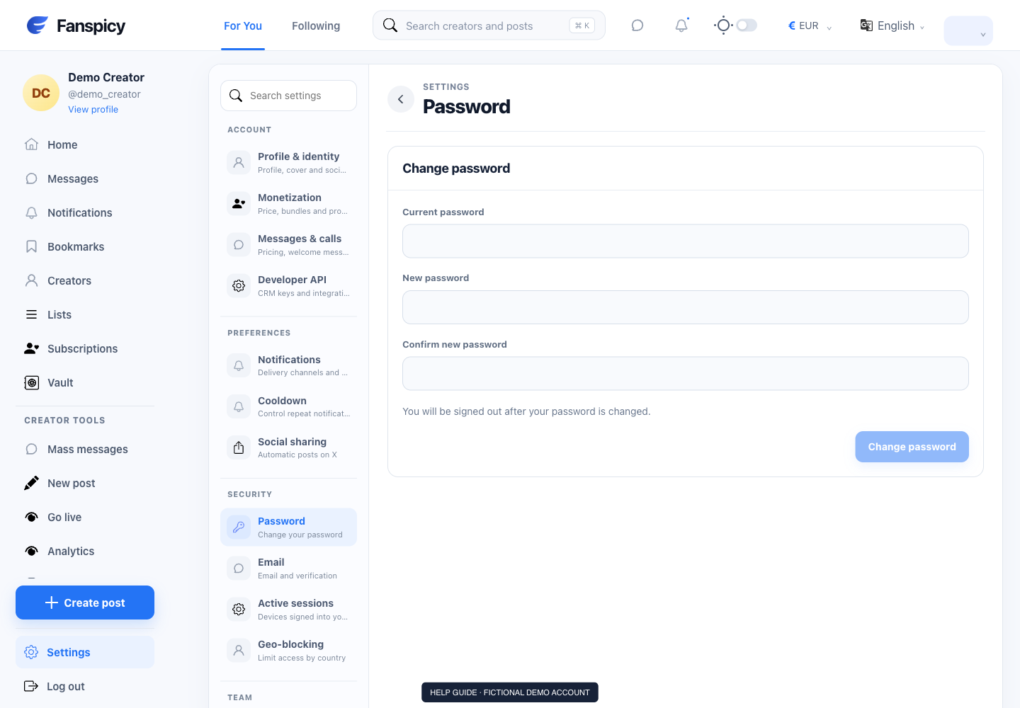 Change a password or get recovery help — real Fanspicy screen with fictional demo data