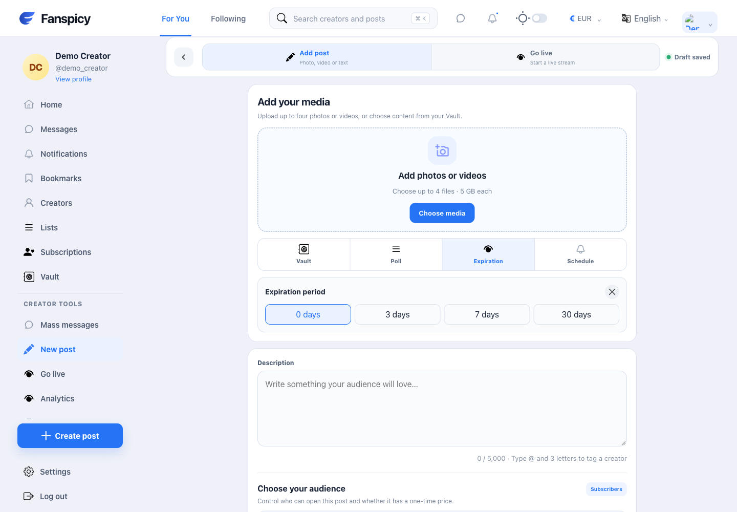 Set a post expiration — real Fanspicy screen with fictional demo data
