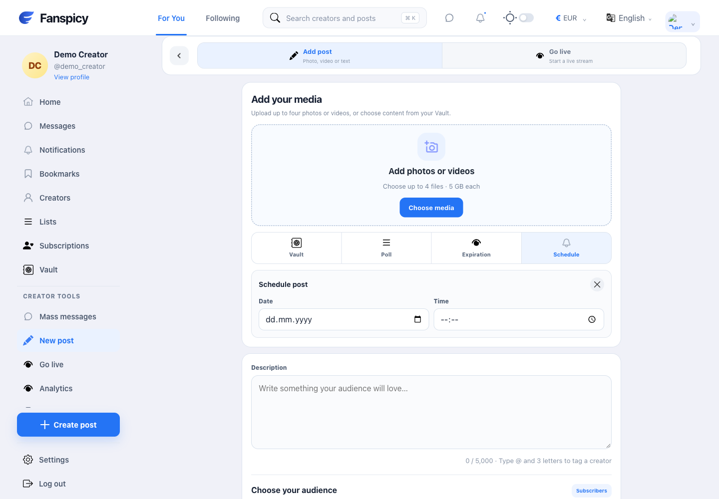 Schedule a post for later — real Fanspicy screen with fictional demo data