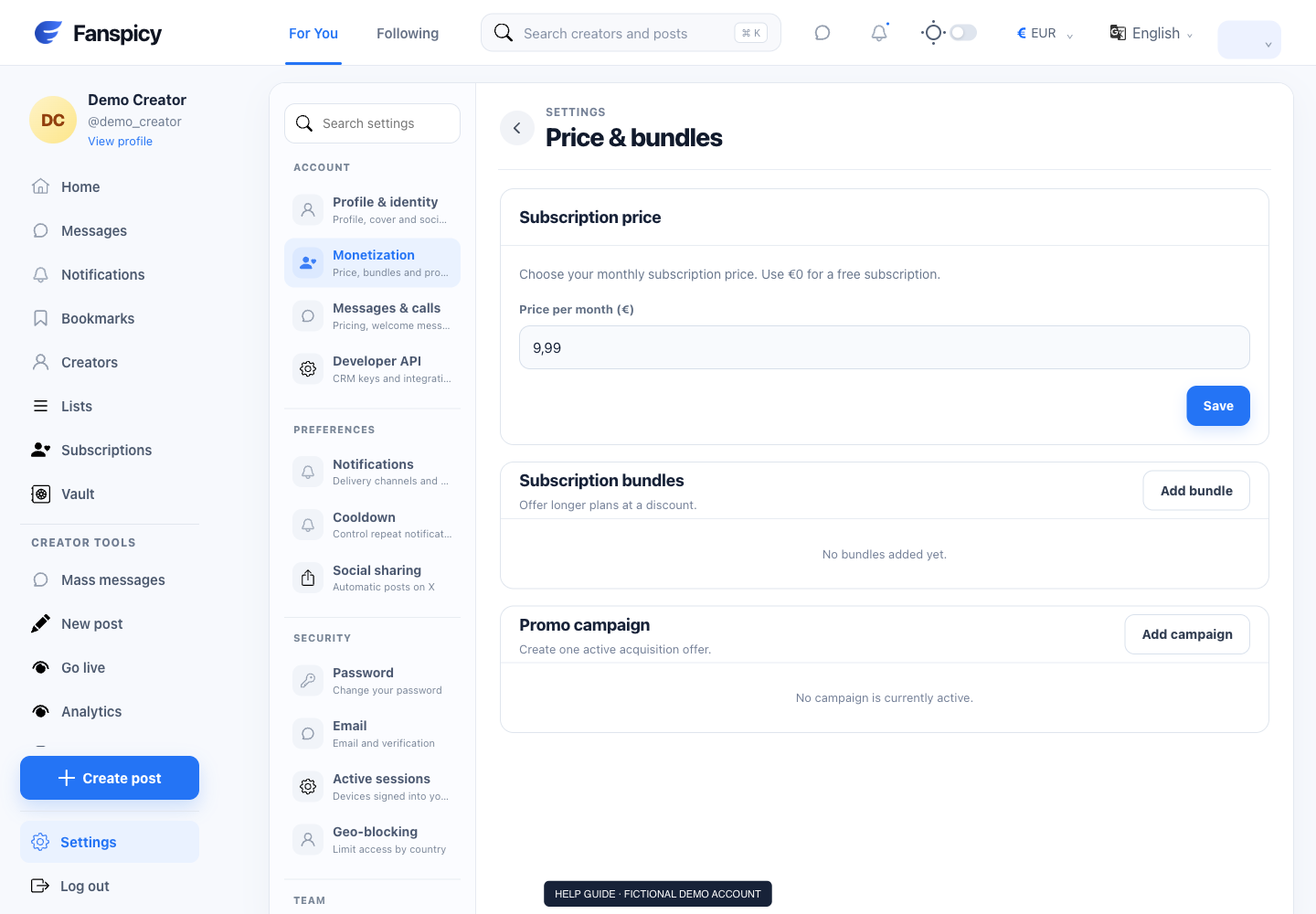 Set subscription prices, bundles and promotions — real Fanspicy screen with fictional demo data