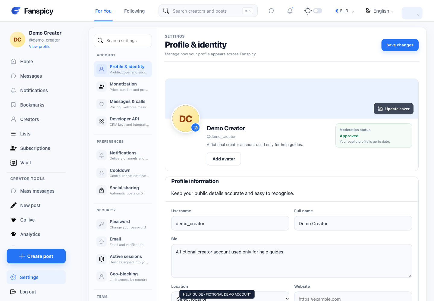 Edit your profile, cover and social links — real Fanspicy screen with fictional demo data
