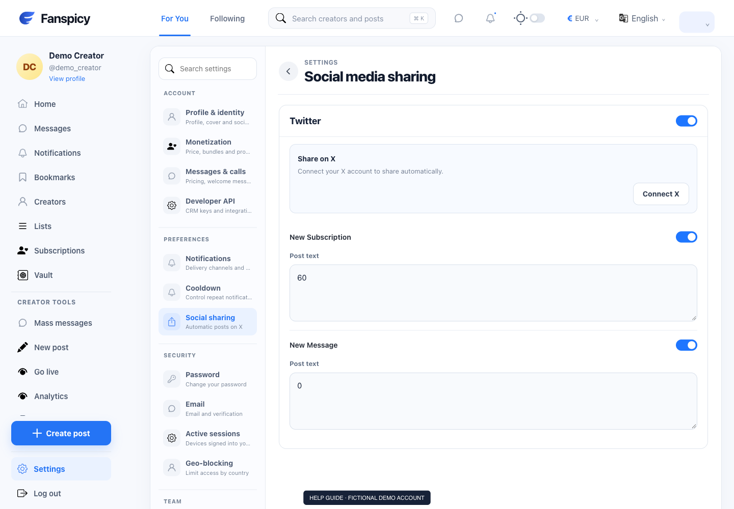 Manage automatic social sharing — real Fanspicy screen with fictional demo data