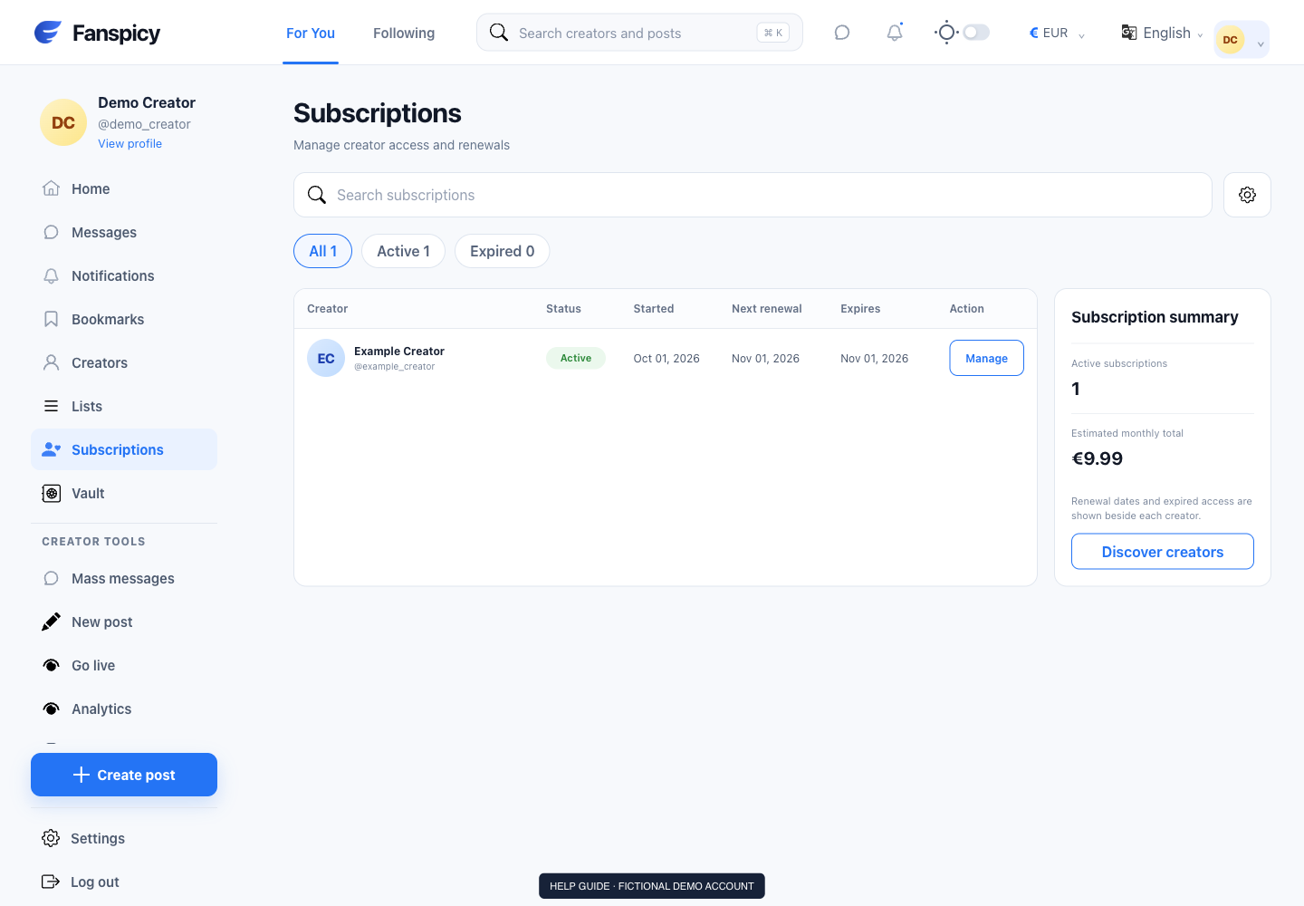Find subscriptions and stop renewals — real Fanspicy screen with fictional demo data