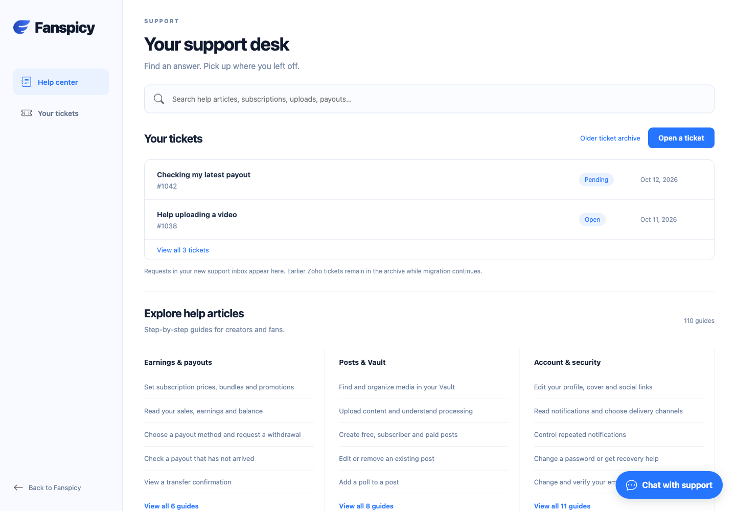 Use chat, call support or open a ticket — real Fanspicy screen with fictional demo data