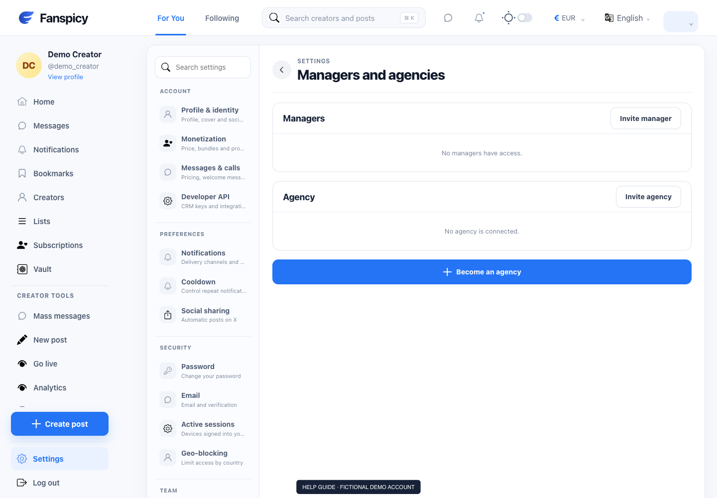 Manage managers and agencies — real Fanspicy screen with fictional demo data