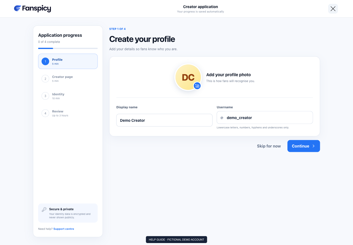 Become a creator and track verification — real Fanspicy screen with fictional demo data